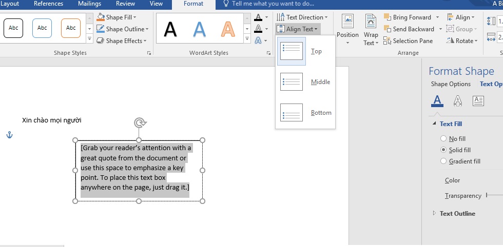 Hướng dẫn chỉnh vị trí chữ trong textbox PowerPoint 2016
